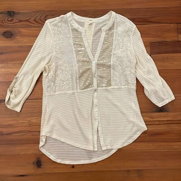 Tiny Ivory Sequin Embroidered Blouse Top Womens Size Medium Lightweight - Picture 4 of 12
